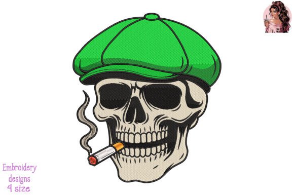 Skull in Green Newsboy Cap Embroidery