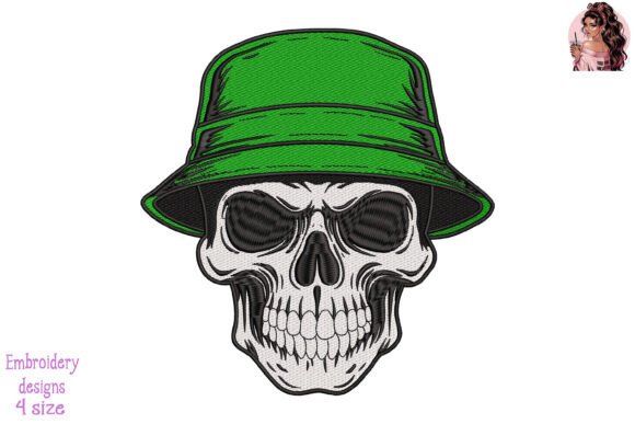 Skull with Military Bucket Hat Embroidery